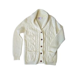 Vintage Acrylic Casuals Cable Knit Shawl Collar Cardigan Cream Fisherman Sweater